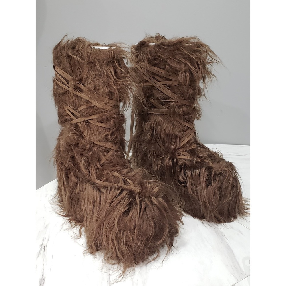 NEW NO‎ BOX SIZE 10 Darker Wavs brown strappy FAUX FUR BOOTS festival rave y2k